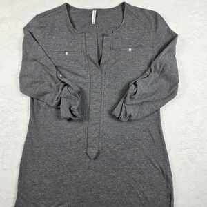 Passports Tunic Top Womens L Grey Excellent Roll Tab Sleeve Split Neck 234